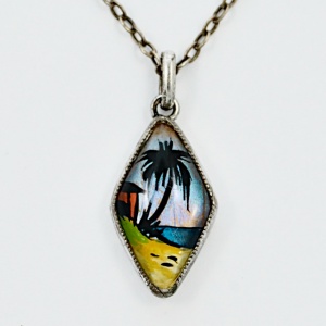 Thomas L Mott Hand Painted Butterfly Wing Pendant Necklace